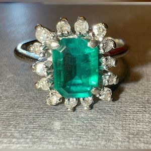 14K White Gold 1.5 Carat Radiant Cut Emerald Halo Ring & White Sapphire Accents